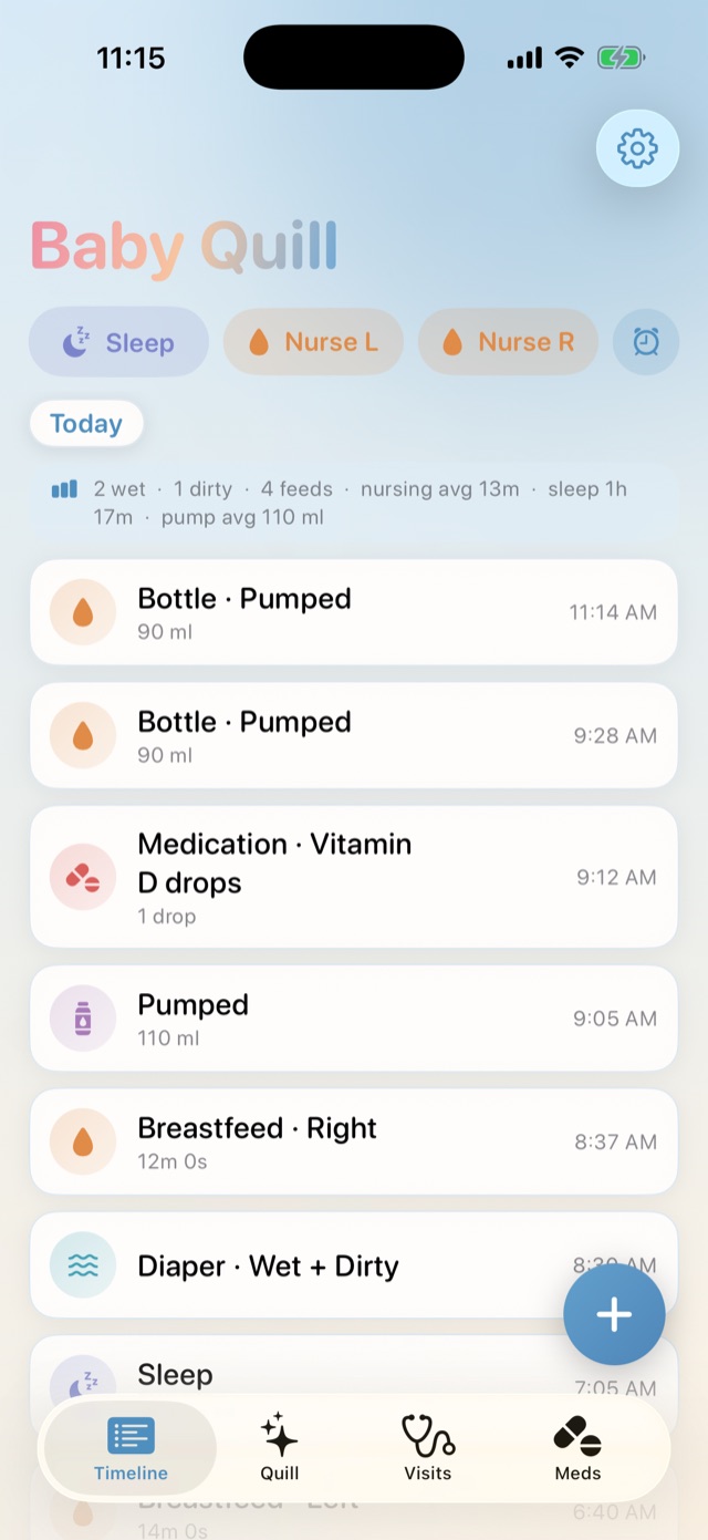 Timeline screen showing a morning of feeds, sleep, diapers, and meds with a daily summary