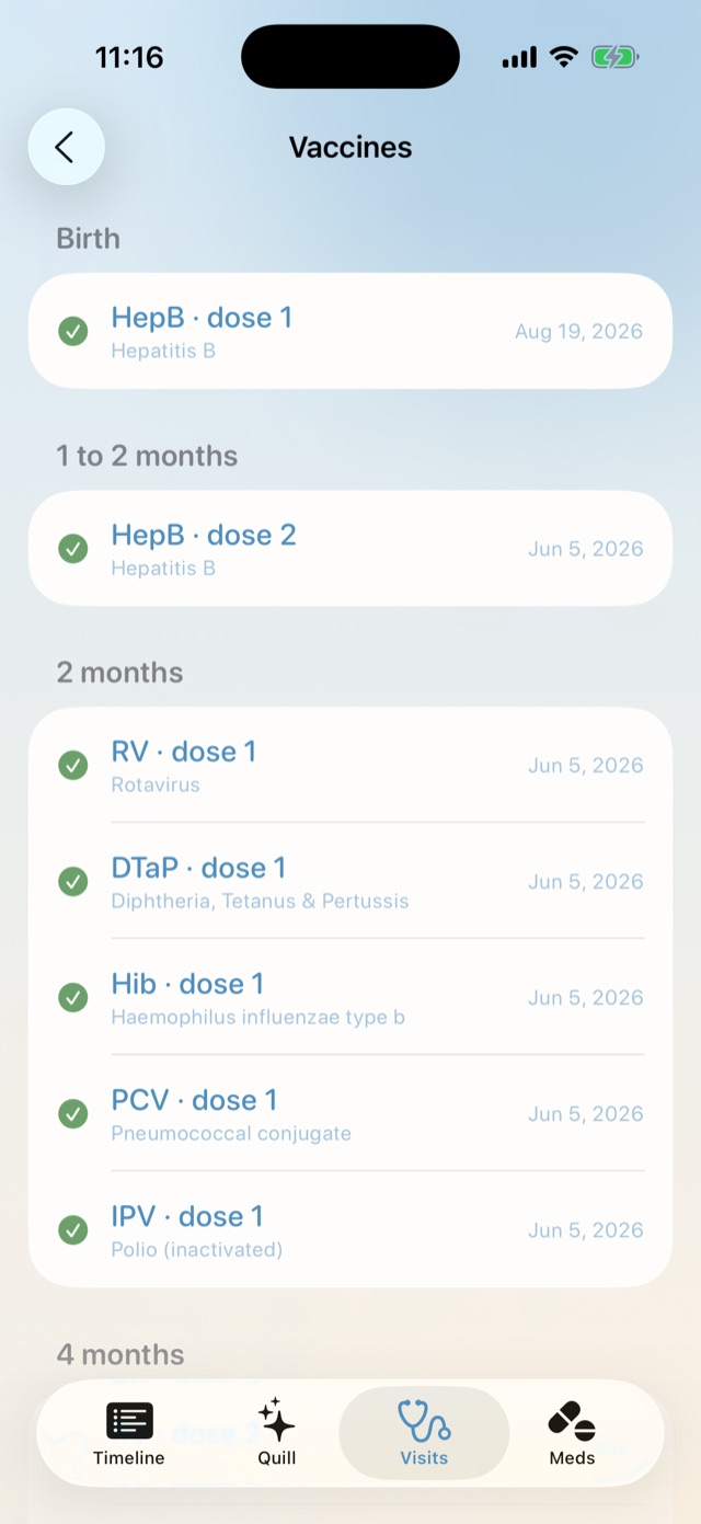 Vaccine checklist grouped by age with recorded doses checked off